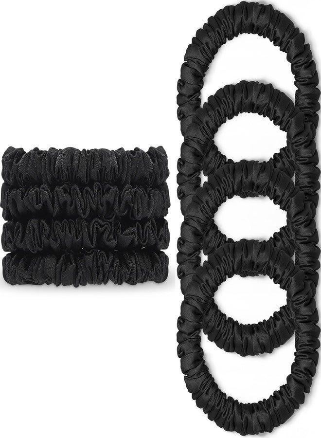 WantGor Scrunchies Hair Ties Silk Satin Scrunchy, WantGor Women 4PC Pure Mulberry Silk Skinny Elastic Scrunchies Hair Bands Bracelets Ponytail Holders Hair Accessories (Black*4) - Image 1